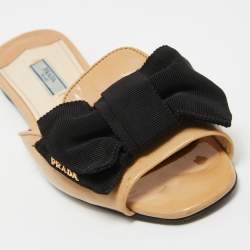 Prada Beige Patent Leather and Fabric Bow Flat Slides Size 37.5
