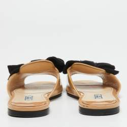 Prada Beige Patent Leather and Fabric Bow Flat Slides Size 37.5
