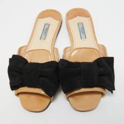 Prada Beige Patent Leather and Fabric Bow Flat Slides Size 37.5