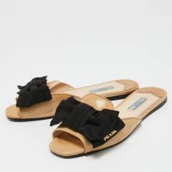 Prada Beige Patent Leather and Fabric Bow Flat Slides Size 37.5