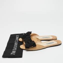 Prada Beige Patent Leather and Fabric Bow Flat Slides Size 37.5