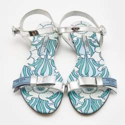 Prada Silver Leather Floral Print Ankle Strap Flat Sandals Size 38