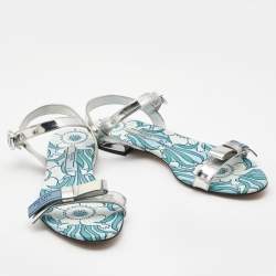 Prada Silver Leather Floral Print Ankle Strap Flat Sandals Size 38