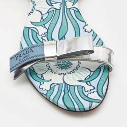 Prada Silver Leather Floral Print Ankle Strap Flat Sandals Size 38