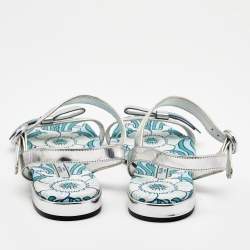 Prada Silver Leather Floral Print Ankle Strap Flat Sandals Size 38