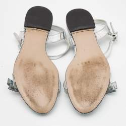 Prada Silver Leather Floral Print Ankle Strap Flat Sandals Size 38