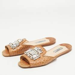 Pre Owned Prada Brown Croc Embossed Leather Crystal Embellished Flat Slides Size 38