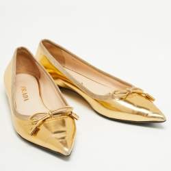 Prada Gold Leather Bow Pointed Toe Ballet Flats Size 36