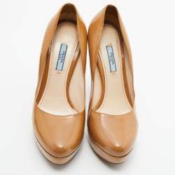 Prada Beige Patent Leather Platform Pumps Size 38.5