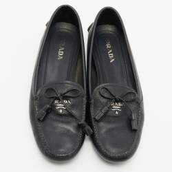 Pre Owned Prada Black Leather Bow Detail Loafers Size 38