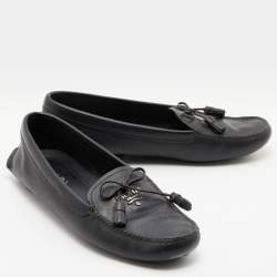 Pre Owned Prada Black Leather Bow Detail Loafers Size 38