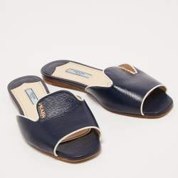 Prada Navy Blue Vernice Saffiano Leather Flat Slides Size 36