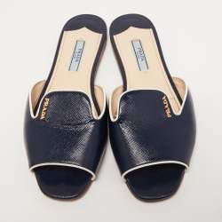 Prada Navy Blue Vernice Saffiano Leather Flat Slides Size 36