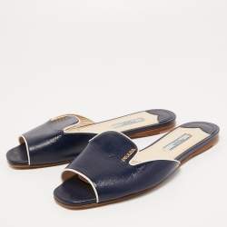 Prada Navy Blue Vernice Saffiano Leather Flat Slides Size 36