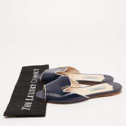 Prada Navy Blue Vernice Saffiano Leather Flat Slides Size 36