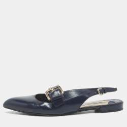 Pre Owned Prada Navy Blue Leather Buckle Slingback Flats Size 37