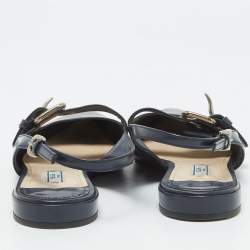 Pre Owned Prada Navy Blue Leather Buckle Slingback Flats Size 37
