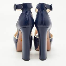 Pre Owned Prada Navy Blue Patent Platform Ankle Strap Sandals Size 39