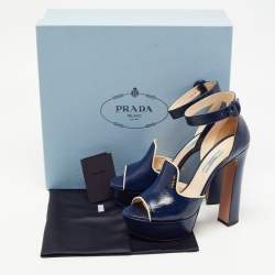 Pre Owned Prada Navy Blue Patent Platform Ankle Strap Sandals Size 39