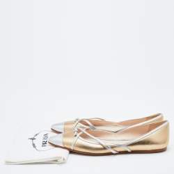 Prada Gold/Silver Leather Bow Pointed Toe Ballet Flats Size 38