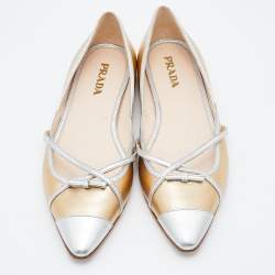 Prada Gold/Silver Leather Bow Pointed Toe Ballet Flats Size 38
