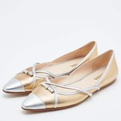 Prada Gold/Silver Leather Bow Pointed Toe Ballet Flats Size 38