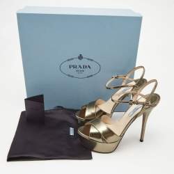 Pre Owned Prada Metallic Leather Platform Ankle-Strap Sandals Size 37.5