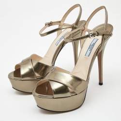 Pre Owned Prada Metallic Leather Platform Ankle-Strap Sandals Size 37.5