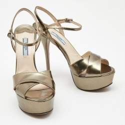 Pre Owned Prada Metallic Leather Platform Ankle-Strap Sandals Size 37.5