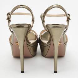 Pre Owned Prada Metallic Leather Platform Ankle-Strap Sandals Size 37.5