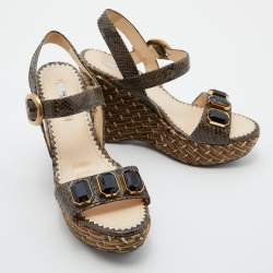 Prada Green Raffia and Python Platform Wedge Sandals Size 38