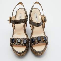 Prada Green Raffia and Python Platform Wedge Sandals Size 38