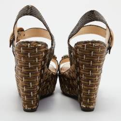 Prada Green Raffia and Python Platform Wedge Sandals Size 38