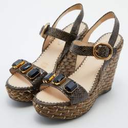 Prada Green Raffia and Python Platform Wedge Sandals Size 38