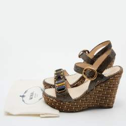 Prada Green Raffia and Python Platform Wedge Sandals Size 38