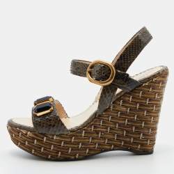 Prada Green Raffia and Python Platform Wedge Sandals Size 38