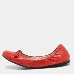 Prada Red Leather Tassel Bow Scrunch Ballet Flats Size 39