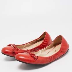 Prada Red Leather Tassel Bow Scrunch Ballet Flats Size 39