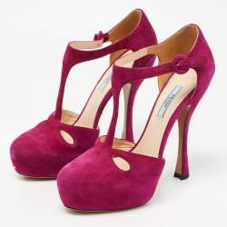 Pre Owned Prada Purple Suede T Bar Ankle Strap Pumps Size 40