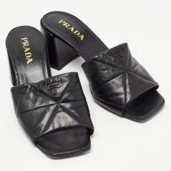 Prada Black Leather Quilted Block Heel Slide Sandals Size 39.5