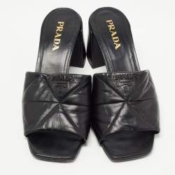 Prada Black Leather Quilted Block Heel Slide Sandals Size 39.5