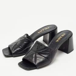 Prada Black Leather Quilted Block Heel Slide Sandals Size 39.5