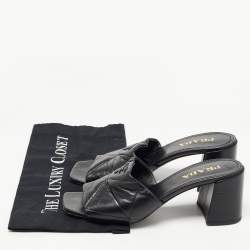 Prada Black Leather Quilted Block Heel Slide Sandals Size 39.5