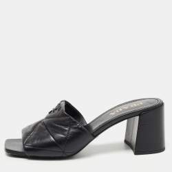Prada Black Leather Quilted Block Heel Slide Sandals Size 39.5