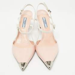 مملوكة مسبقًا Prada Pink/White Leather Pointed Toe Slingback Pumps Size 38.5