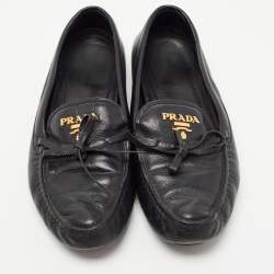 Pre Owned Prada Black Leather Bow Detail Loafers Size 38.5