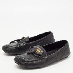 Pre Owned Prada Black Leather Bow Detail Loafers Size 38.5