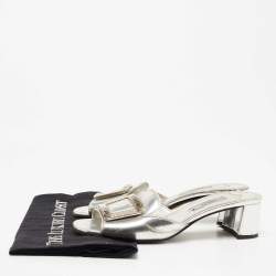 Pre Owned Prada Silver Leather Crystal Embellished Slide Sandals Size 36