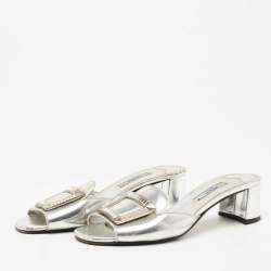Pre Owned Prada Silver Leather Crystal Embellished Slide Sandals Size 36