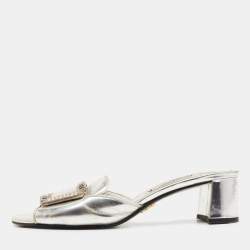 Pre Owned Prada Silver Leather Crystal Embellished Slide Sandals Size 36